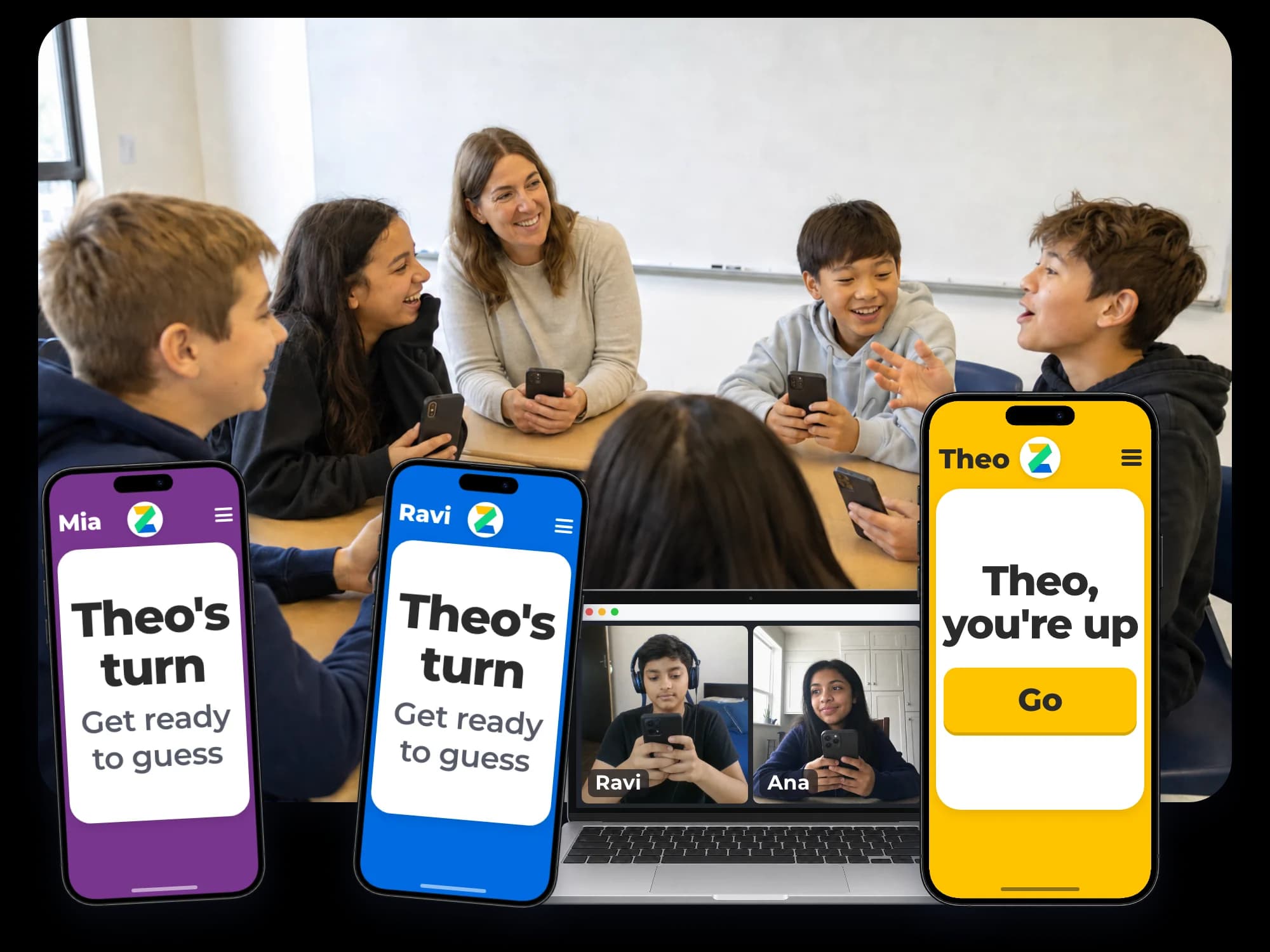 A class with phones in hand laughing while Theo tells a story, with Ravi and Ana joining on a laptop from home.