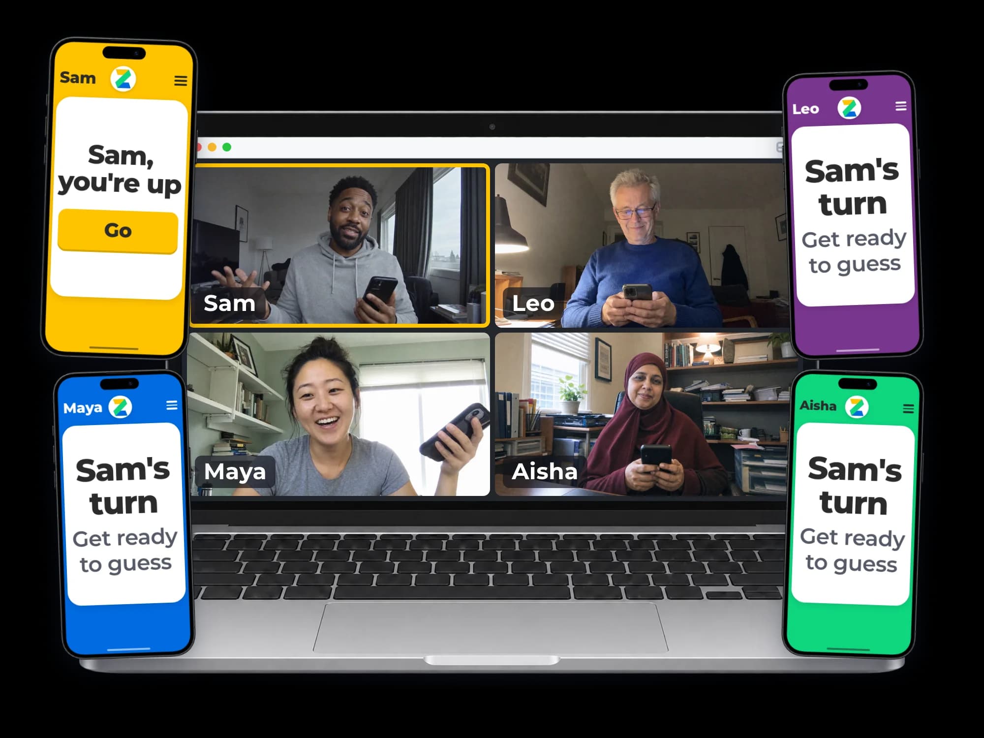 Sam, Leo, Maya and Aisha on a video call, each holding a phone, with their four phones around the laptop.